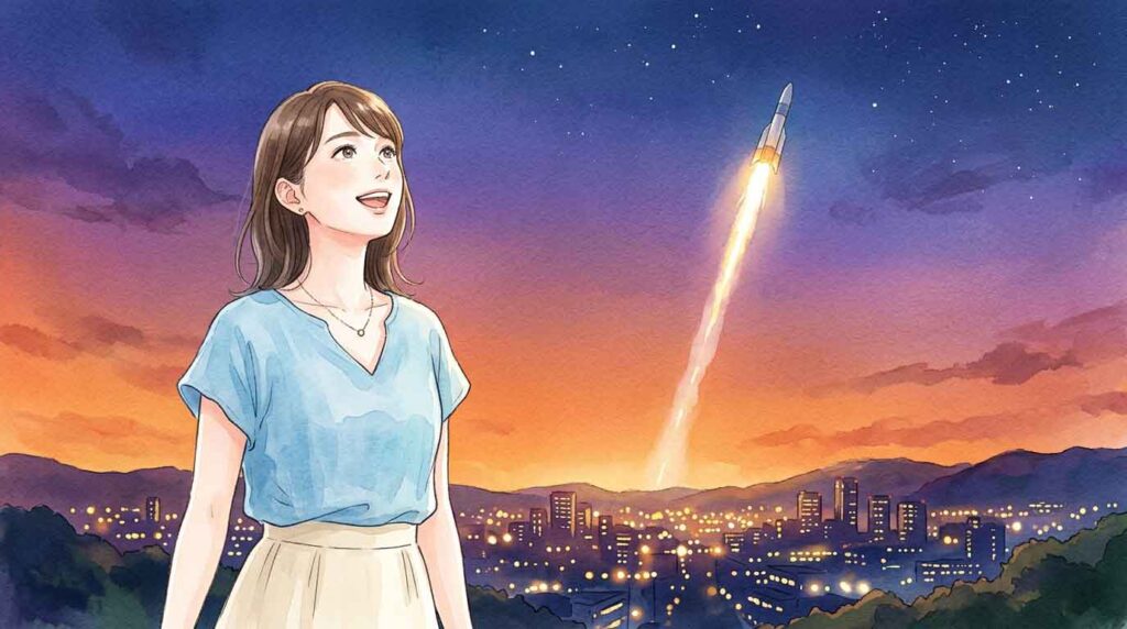 ロケット打ち上げとAIデータセンターをイメージした宇宙と都市のイラスト