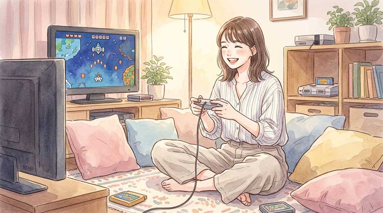 レトロゲームコントローラーを手にして懐かしそうに微笑む女性のイラスト