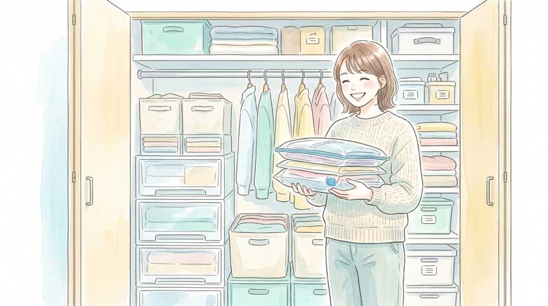 PIC5 | alt: クローゼットにセリアの白い収納ボックスが整然と積み重なっている部屋のイラスト