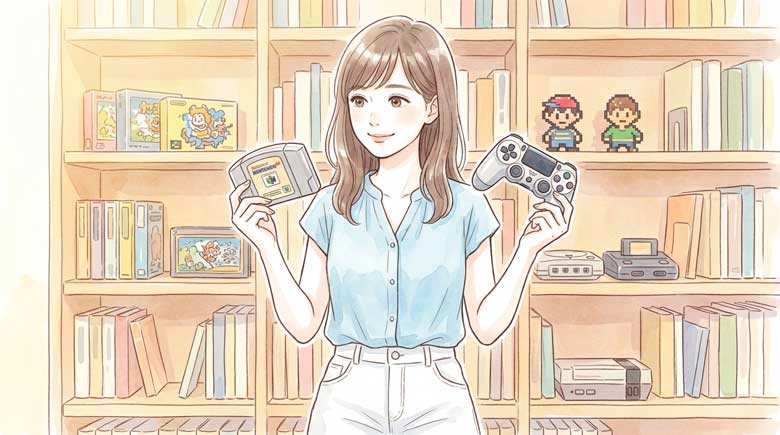 懐かしいゲームカセットと現代のゲーム機を並べて比較する女性のイラスト