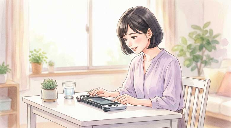  次世代ゲーム機と新型コントローラーを手に取って嬉しそうな女性のイラスト