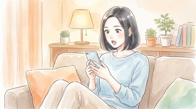 スマートフォンの通知を見て「えっ！」と驚く表情の女性のイラスト