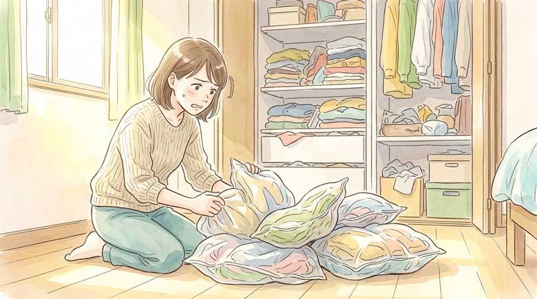 歪んだ形の旧型圧縮袋が崩れてクローゼットに収まらない様子のイラスト