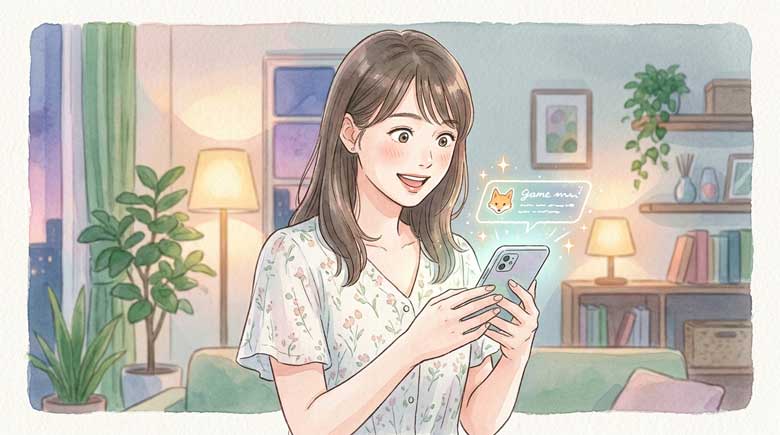 PIC6 | alt: 海外コミュニティで盛り上がりを象徴するかのようにSNSを眺めて興奮する女性のイラスト