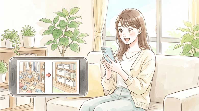 スマートフォンで収納Before/After動画を見て驚く女性のイラスト