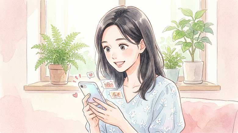 海外コミュニティで盛り上がりを象徴するかのようにSNSを眺めて興奮する女性のイラスト