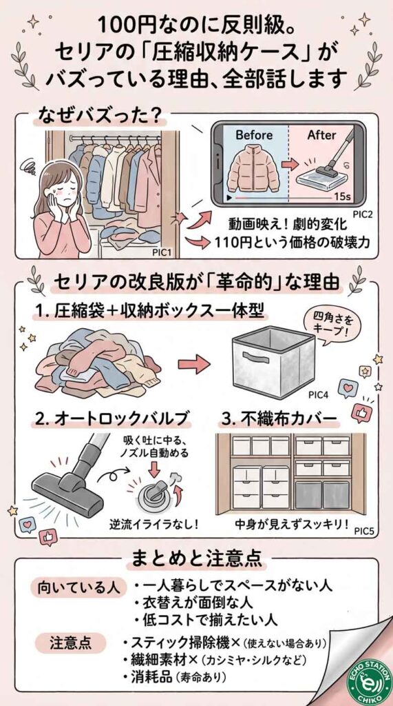 100円なのに反則級。セリアの「圧縮収納ケース」がバズっている理由、全部話します のインフォグラフ