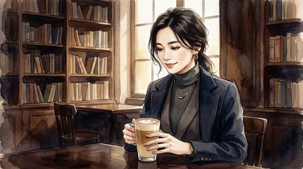 : 映画の世界観をイメージしたおしゃれなラテを手にする大人の女性イラスト、落ち着いたカフェ