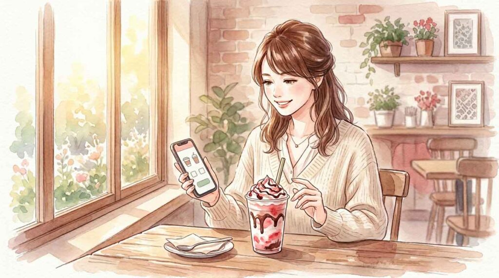 チョコとイチゴのフラペチーノをカフェで楽しむ女性のウォーターカラーイラスト