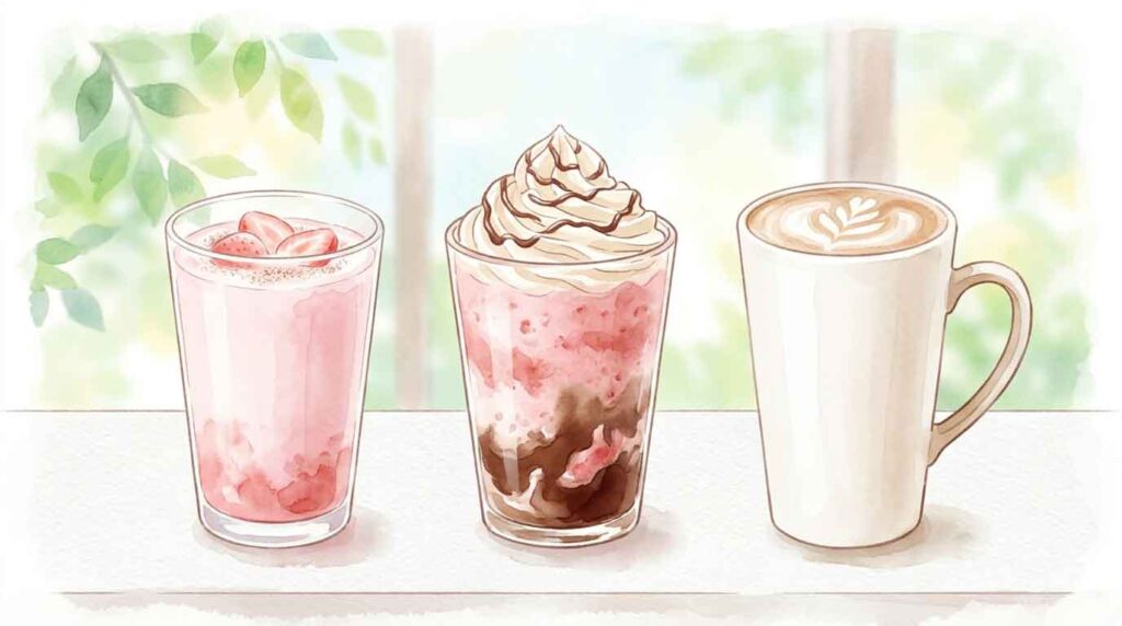 スターバックスの新作ドリンク3種類が並ぶイラスト、パステルピンクの背景