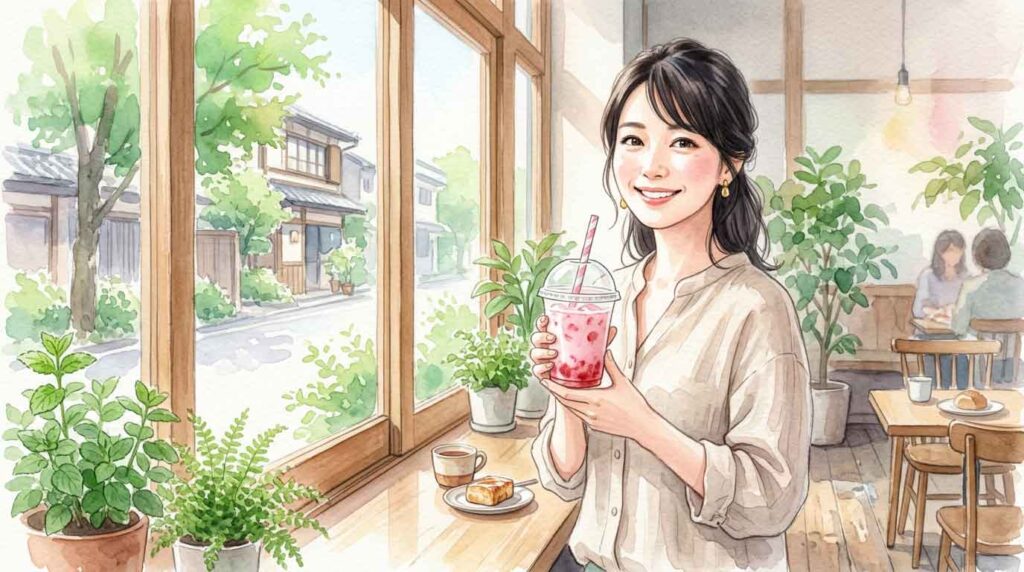 スターバックスのイチゴ新作ドリンクを手に持つ女性のウォーターカラーイラスト、初夏の明るい店内
