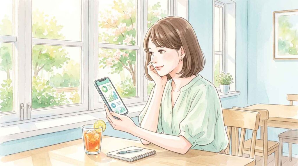 スマートフォンで投資アプリを確認しながら考える女性