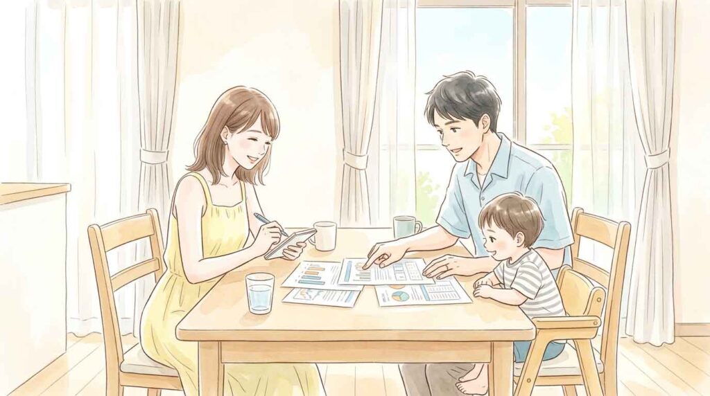 家族でテーブルを囲みお金の相談をする夫婦と子供