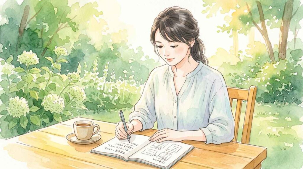 テーブルにメモ帳とコーヒーを置いて家計を書き出す女性