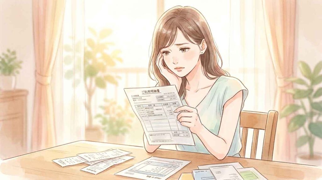 クレジットカードの請求書を見て頭を抱える女性