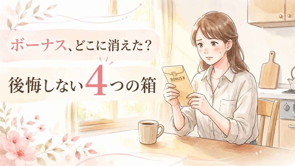 ボーナス明細の封筒を手に複雑な表情で考え込む女性