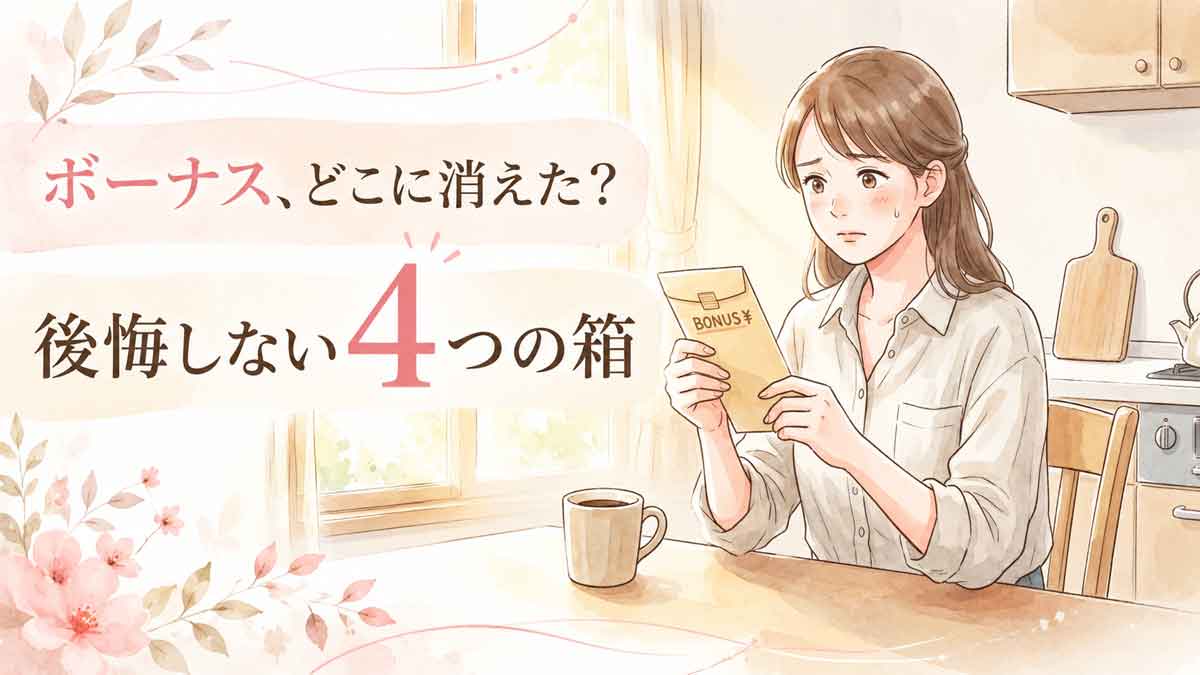 ボーナス明細の封筒を手に複雑な表情で考え込む女性