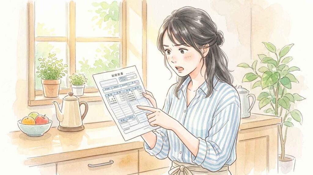 PIC2 | alt: 給与明細の控除欄を見て驚いた表情の女性
