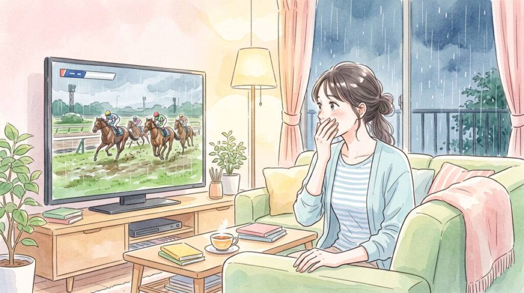 雨の日にテレビで競馬観戦して驚く女性