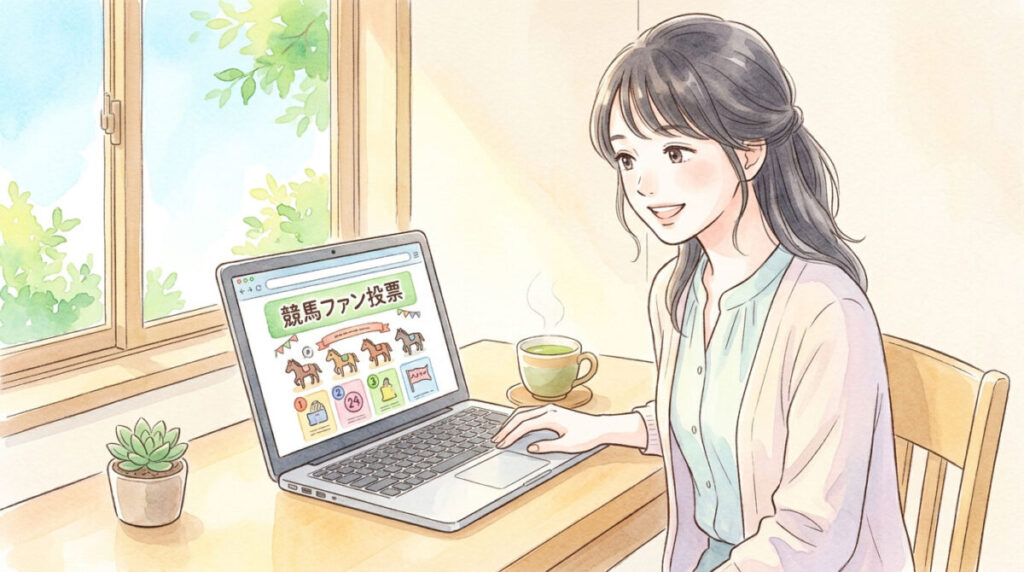 自宅でパソコンから競馬ファン投票に参加する女性