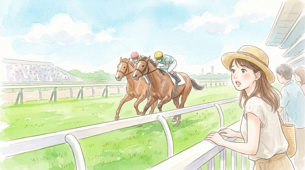 ゴール板でハナ差の接戦を演じる2頭の競走馬とスタンドで驚く女性