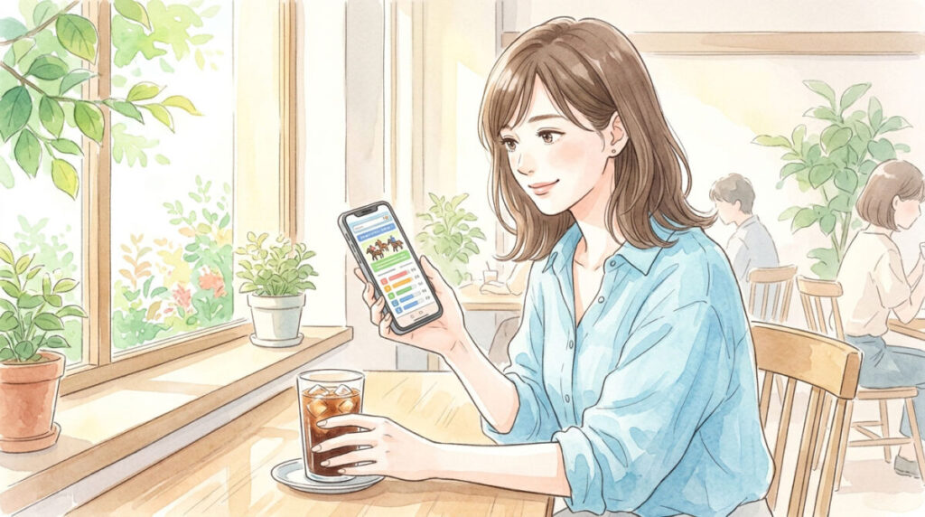  カフェでスマートフォンのファン投票ランキングを確認する女性