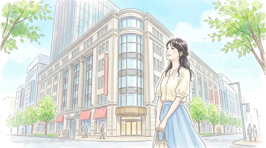 都心の百貨店を外から見上げる30代女性のイラスト、新緑が映える初夏の風景