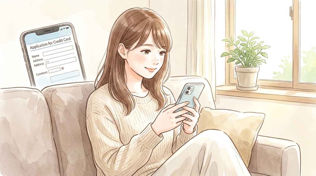 スマートフォンでクレジットカード申し込みを完結させようとしている20代女性のイラスト