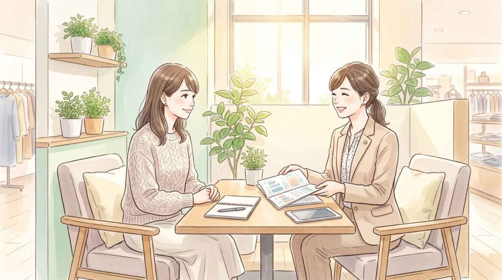明るい相談ブースでFPらしき女性スタッフと話す30代の女性客のイラスト