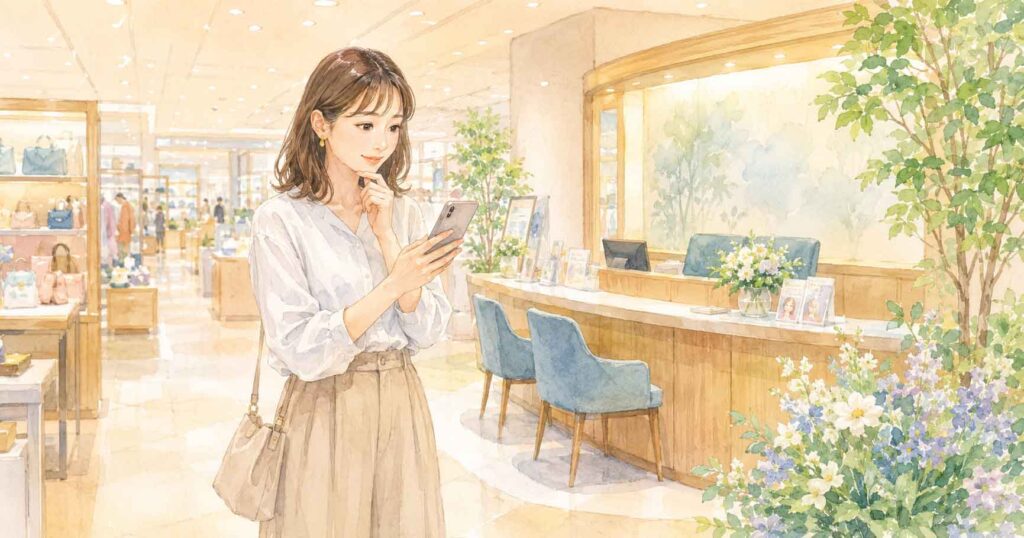 百貨店の広々とした売り場フロアから金融相談カウンターに向かって歩く30代女性のイラスト