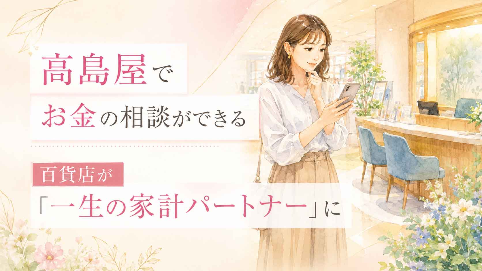 百貨店のファイナンシャル相談カウンター前でスマートフォンを見る30代女性