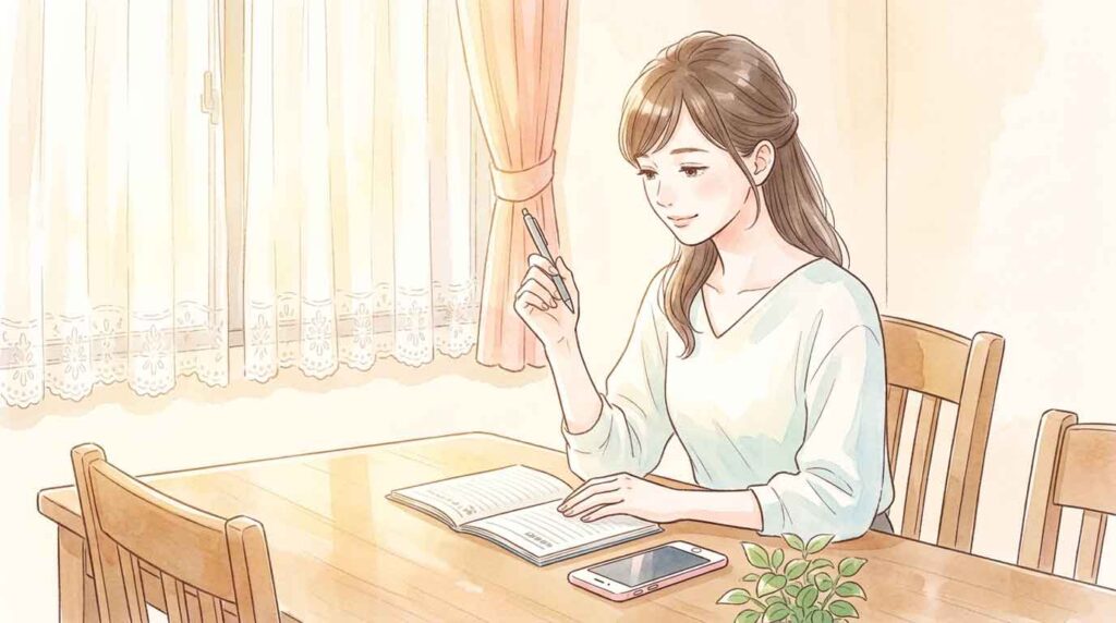 自宅のテーブルでスマートフォンと家計ノートを前に、穏やかに考える30代の日本人女性のイラスト