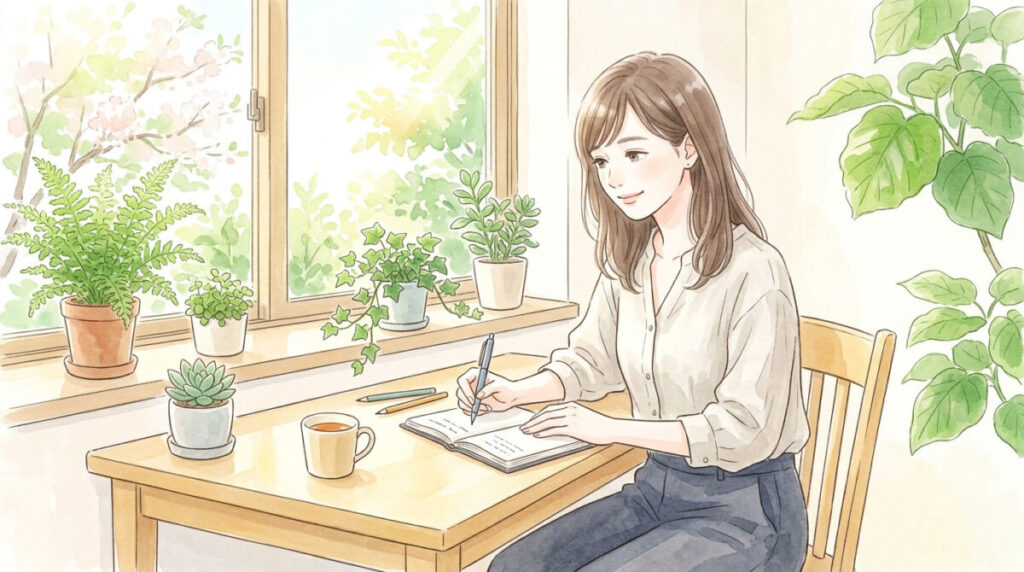 初夏の窓辺で手帳に記録を書いている女性のイラスト