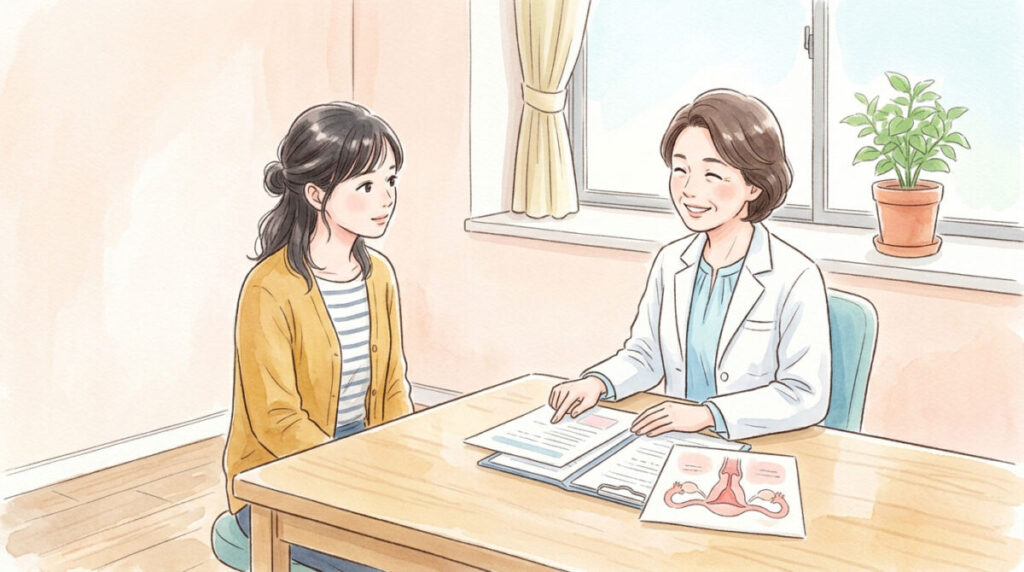 女性医師と診察室で話し合う患者の女性のイラスト