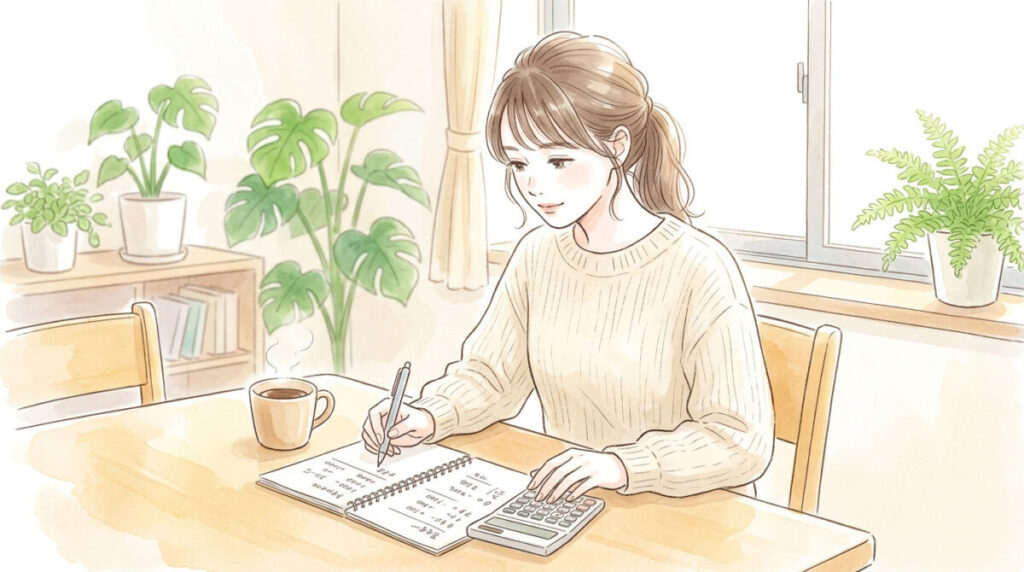 自宅でノートと電卓を使って費用を計算している女性のイラスト