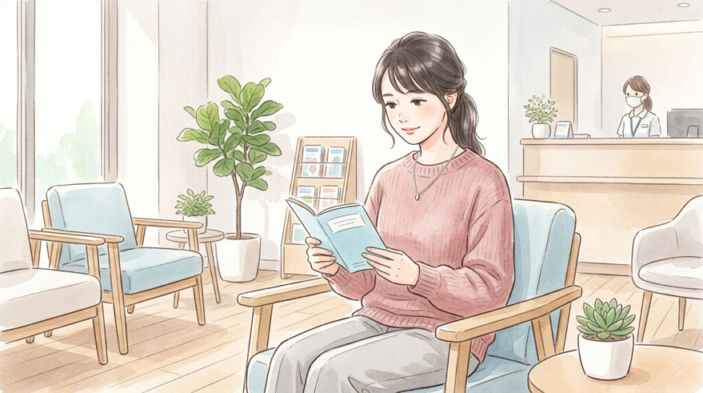 クリニックの待合室で冊子を読む女性のイラスト