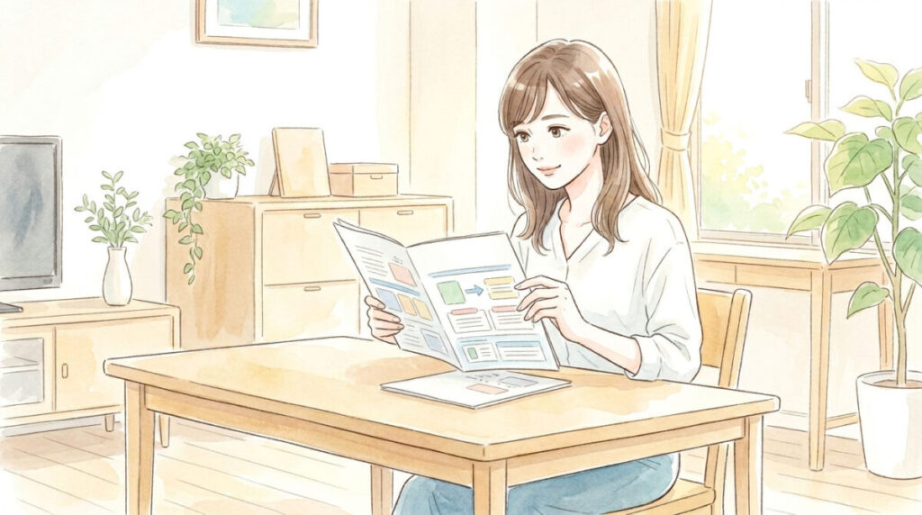 助成金の書類を読んでいる女性のイラスト