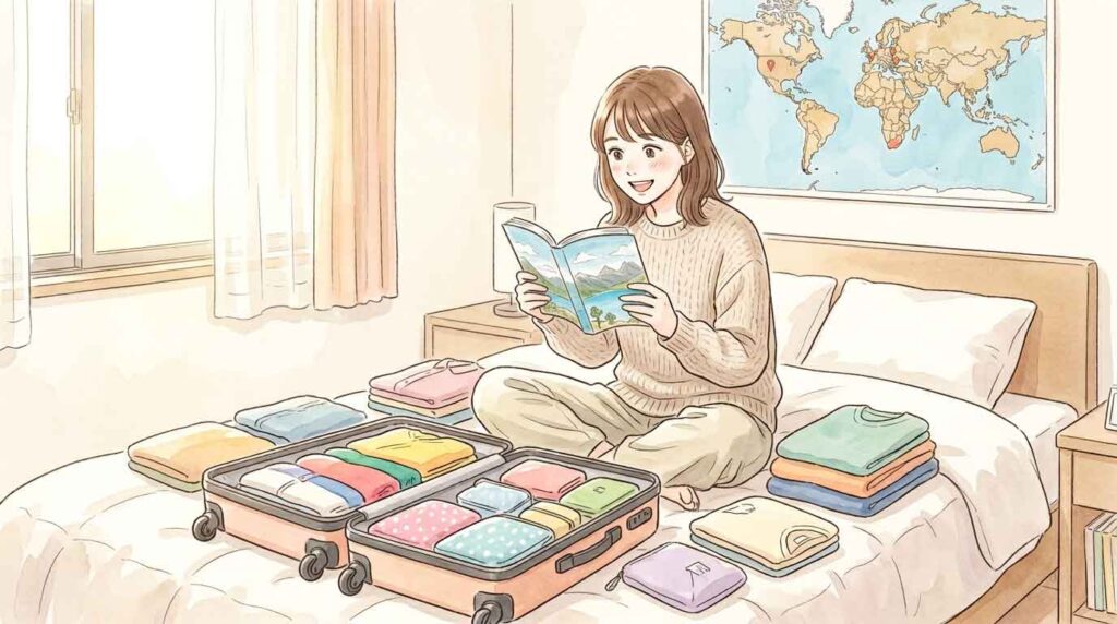 旅の荷物を整えながらタスマニア旅行を夢見る女性のイラスト
