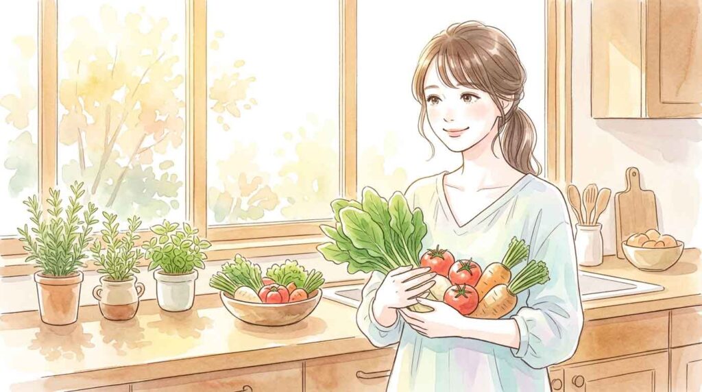 食材を手に季節の恵みを感じる女性のイラスト