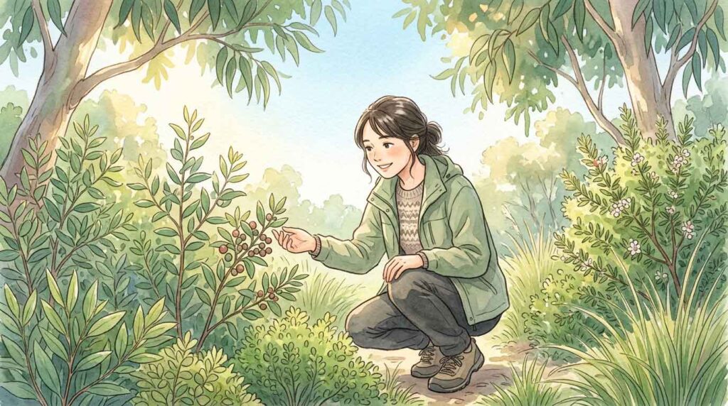 タスマニアの自然の中でブッシュフードを手に微笑む女性のイラスト