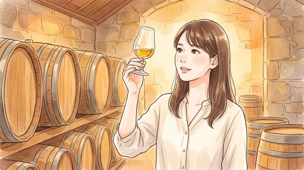 タスマニアのウイスキー蒸留所でウイスキーを眺める女性のイラスト