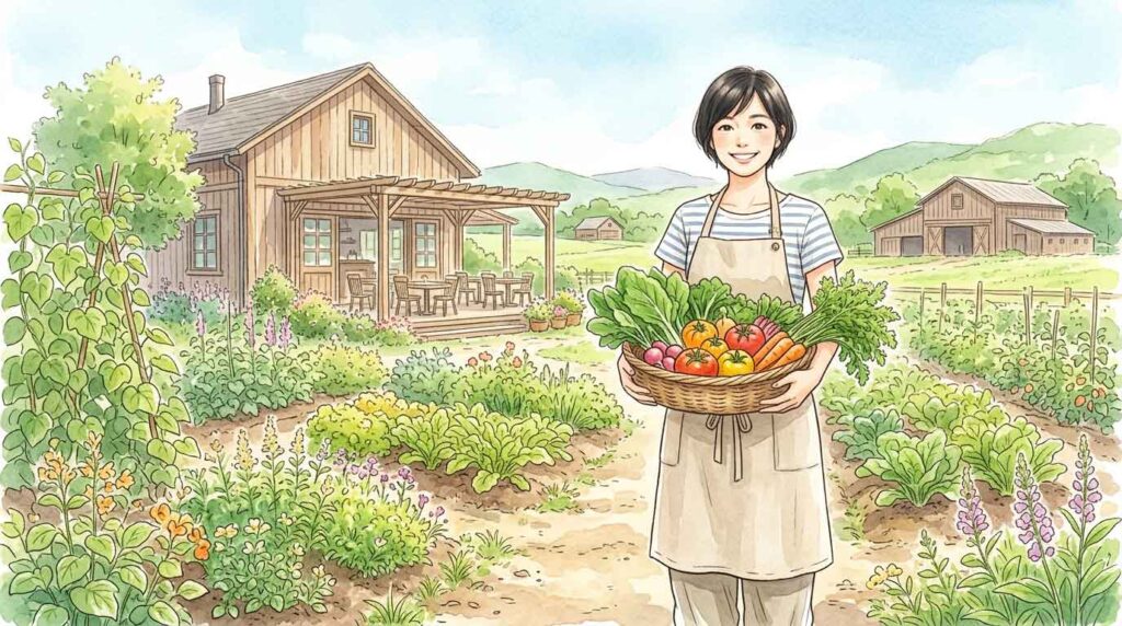 農園に隣接したレストランで野菜を手にする女性シェフのイラスト