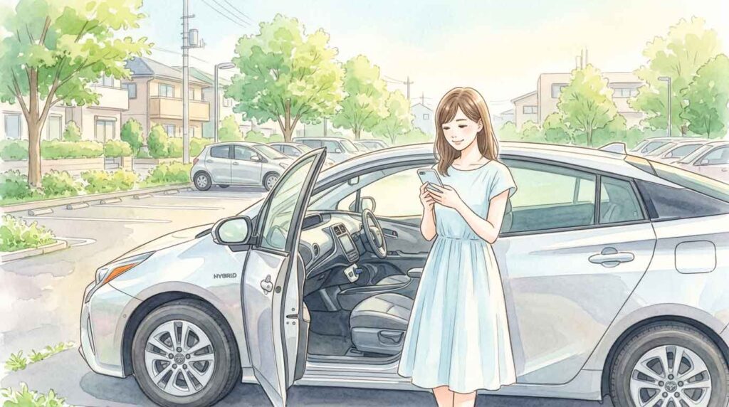  駐車場でハイブリッド車のそばに立ち、スマートフォンで情報を調べている女性