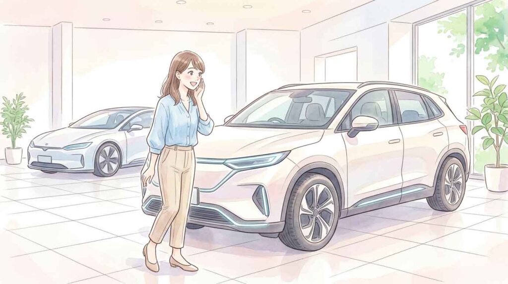 近未来的な電気自動車のショールームで新型車を眺めている女性