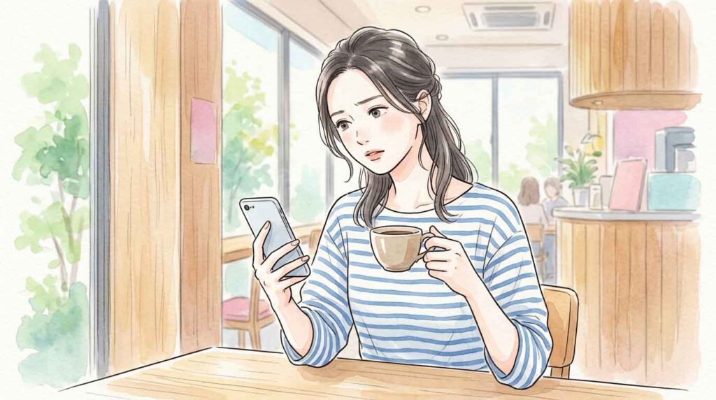 カフェでスマートフォンのSNSを見ながら首をかしげている女性