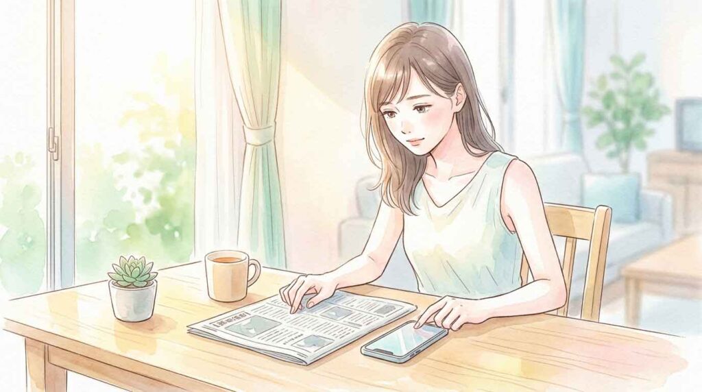テーブルに新聞とスマートフォンを広げて情報を確認している女性