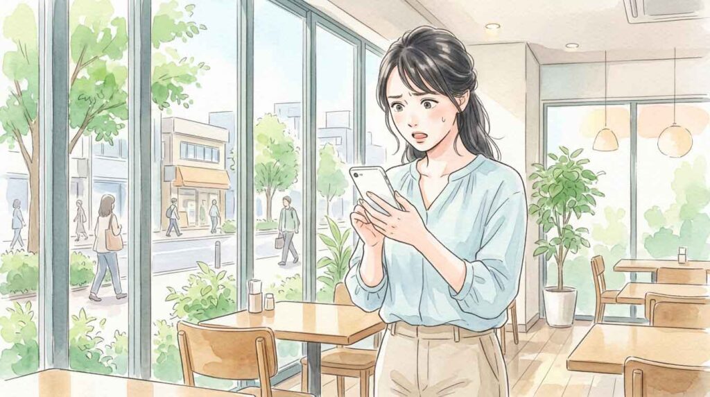 スマートフォンでニュースを読んで驚いた表情の日本人女性