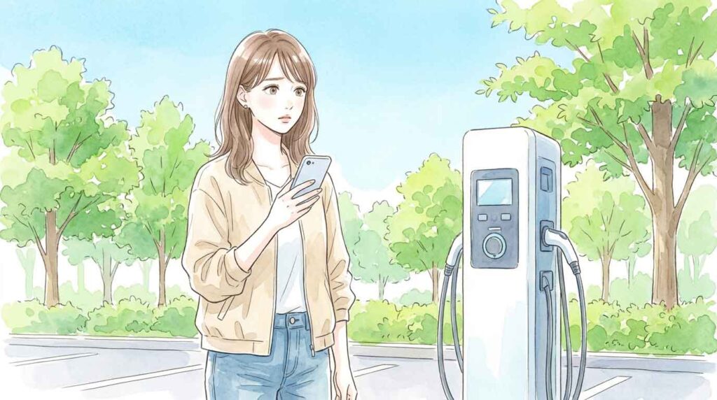 電気自動車の充電スタンドを前に考え込んでいる女性