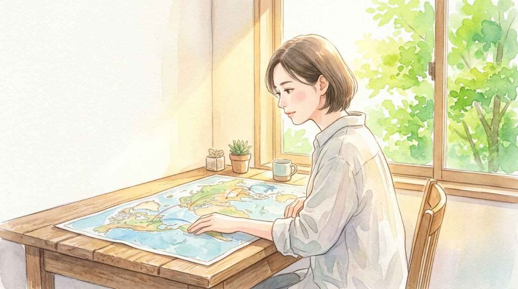 窓際の机で世界地図を広げて米中関係を考える女性のイラスト