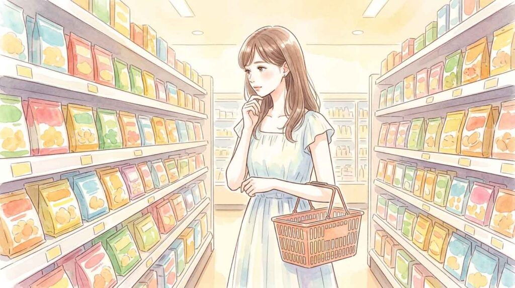 スーパーの棚を見ながら物価への影響を考える女性のイラスト